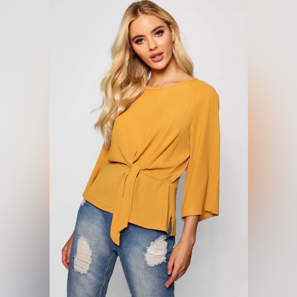 NWOT Boohoo Tie Front Flute Sleeve Blouse, Mustard Yellow, Size 8